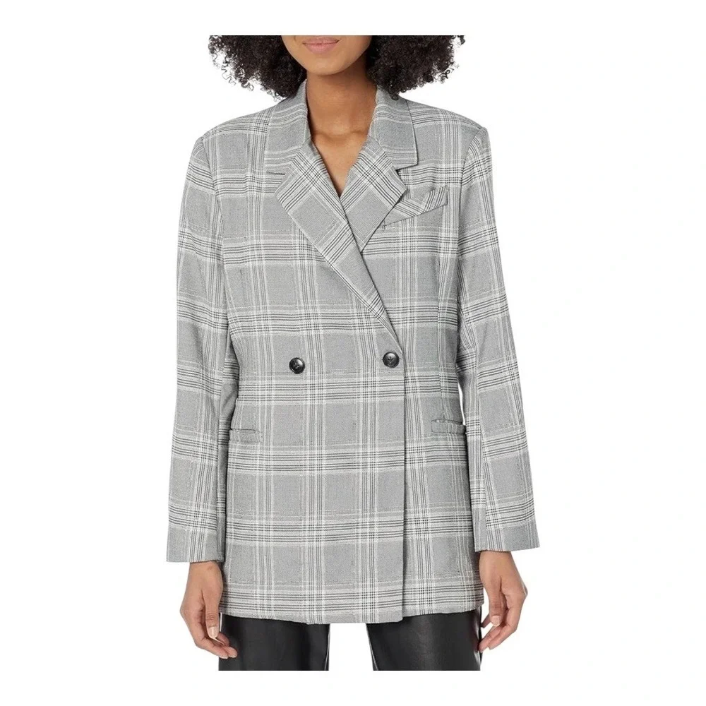 Steve Madden Plaid Double‎ Breasted Blazer Womens Large Gray Professional